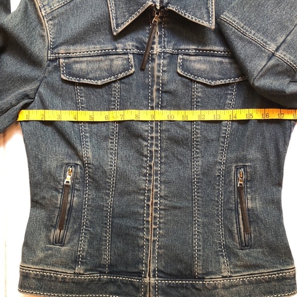 Vintage Elie Tahari Tapered Fitted Blue Denim Jacket Faux Leather Women's Small - Picture 9 of 16